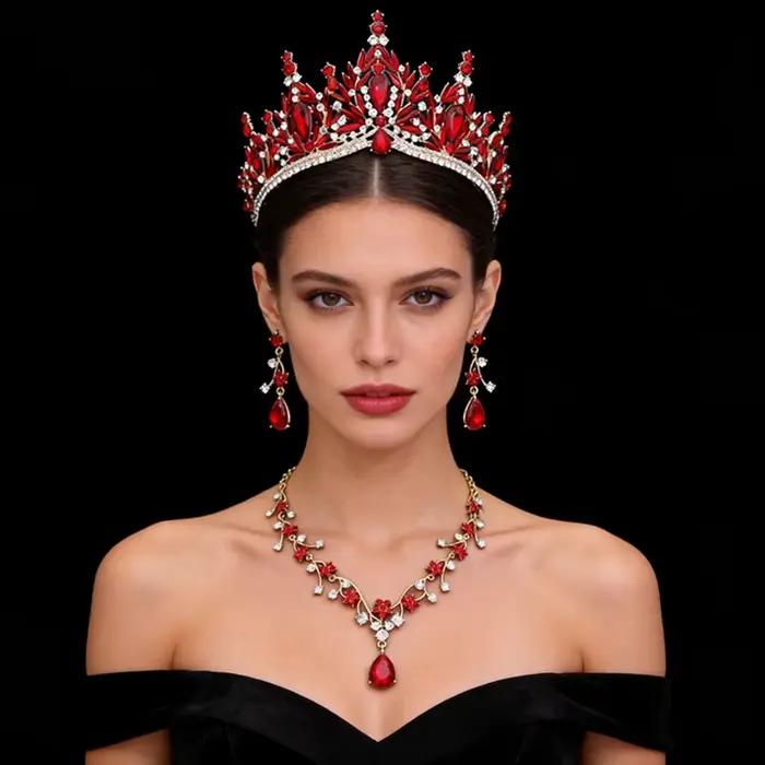 Parures de bijoux de mariée de luxe pour femmes, ensemble de 3 pièces, diadèmes et collier, boucles d'oreilles, couronne de mariage, accessoires de bijoux pour mariées