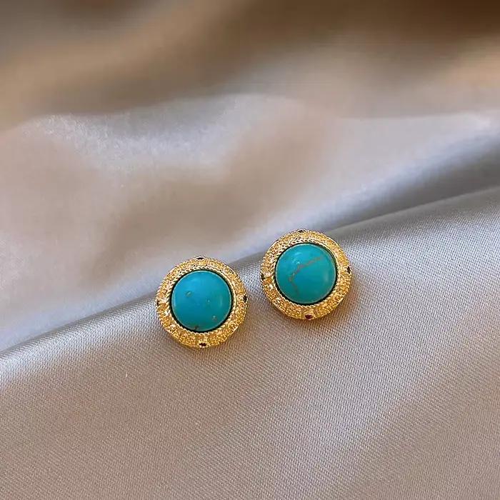 Boucles d'oreilles rondes rétro Turquoise 2025, bijoux avec bordure couleur or, accessoires inhabituels pour fête de mariage pour femmes et filles, cadeaux polyvalents