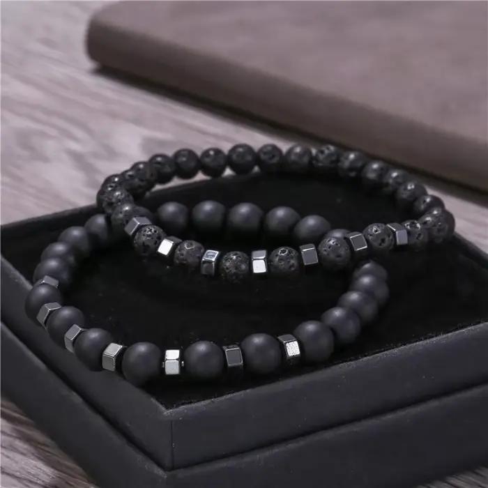 2 pièces/ensemble Bracelet de perles hommes pierre de lave Agate oeil de tigre perle charme hommes femmes Bracelet ensembles bijoux meilleurs cadeaux Pulsera Hombre