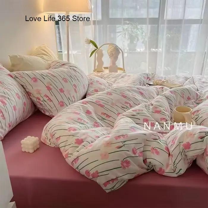 INS-Parure de Lit Rose Solide pour Fille et Garçon, Drap pio, Taie d'Oreiller, illant de Lit, Textile de Maison
