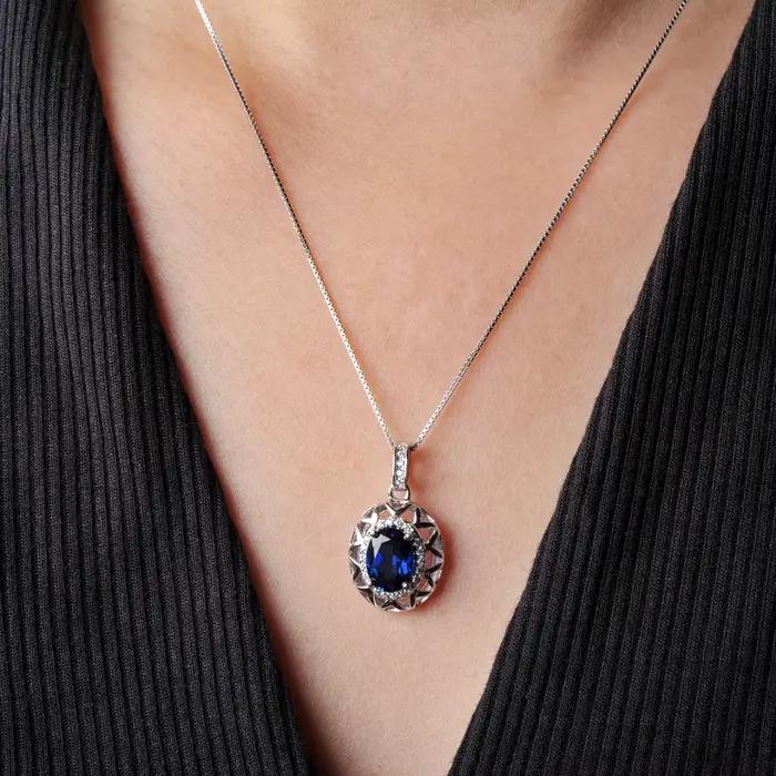 Collier pendentif Potiy en saphir synthétique de forme ovale 1,75 ct, sans chaîne, en argent sterling 925, pour femme, bijoux pour tous les jours, mariage, fête