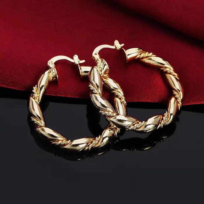 Boucles d'oreilles rondes en argent Sterling 925 pour femmes, corde en or 18 carats, 4cm, accessoires de fête de mariage, bijoux cadeaux de noël