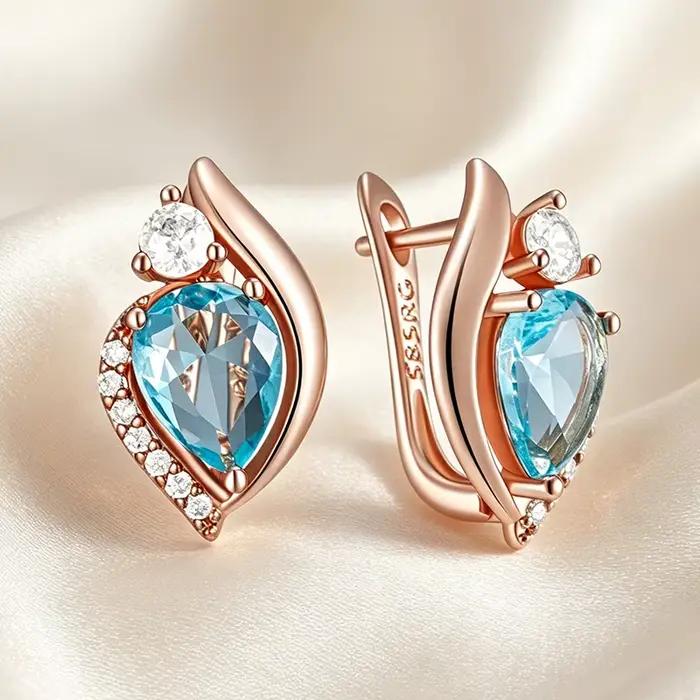 Kienl – boucles d'oreilles anglaises couleur or Rose 585 pour femmes, accessoires en Zircon naturel bleu, bijoux fins de haute qualité pour tous les jours