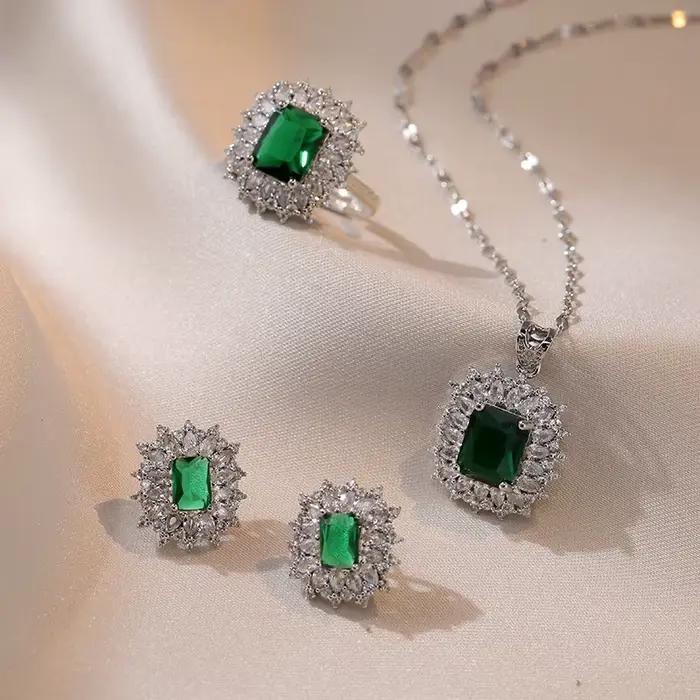 Zcompresses-Ensemble de Bijoux Bleu Royal et Vert, Boucles d'Oreilles, Bague, Pendentif, en Argent, Colliers d'Equiprésidence pour Femmes, Patients de Fiançailles