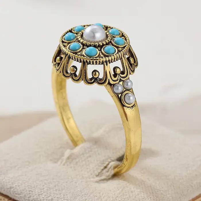 Bague Vintage Exquise en Bronze Incrustée de Turquoise Synthétique Façonnée, Bijou de Mode Féminin, Accessoire de Banquet et de Festival, Cadeau