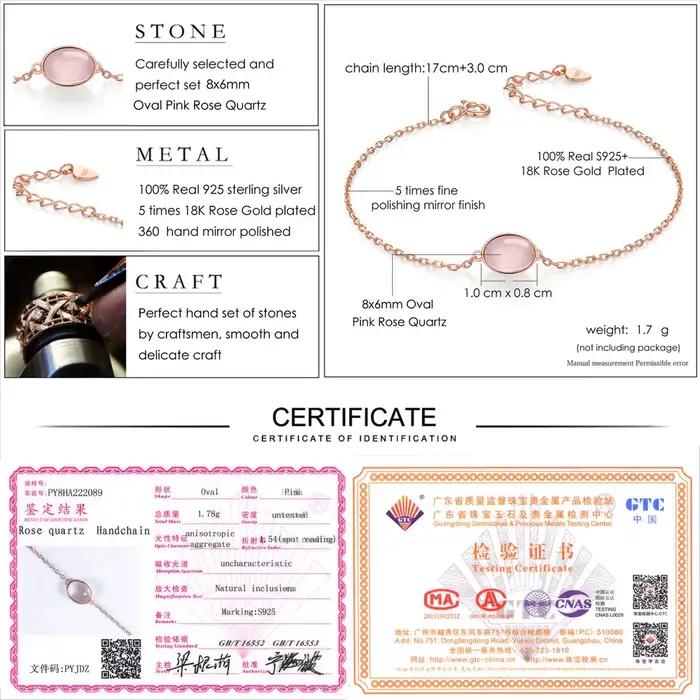 LAMOON-Bracelet Quartz Rose pour Femme, Pierre Précieuse, Argent 925, Plaqué Or Rose 18K, Bijoux Fins, Style Simple, LMHI023