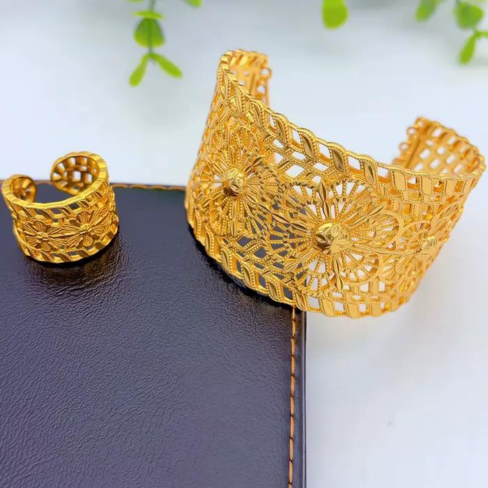 Ensemble de bracelets et bagues éthiopiens pour femmes, couleur or africain de Dubaï, avec pampilles et breloques rigides, bijoux arabes pour mariage et cadeaux de fête