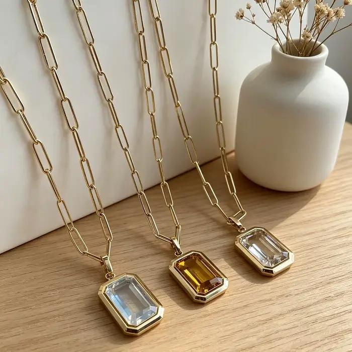 Collier pendentif carré géométrique multicolore en cristal pour femmes, chaîne à maillons plaquée or, pierre CZ transparente, bijoux de cou