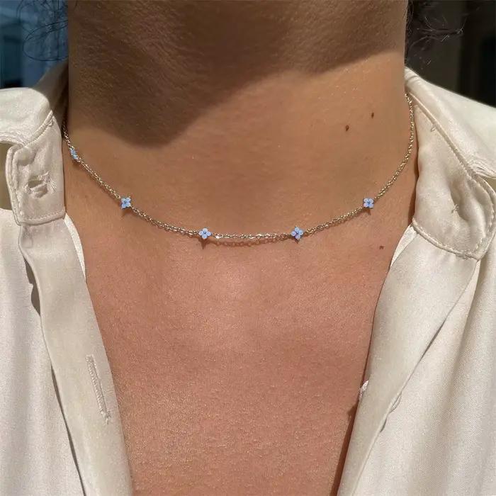 Collier de fleurs bleues en cristal plaqué or pour femmes, Bijoux pendentif vert, ras du cou de luxe, coréen, vente en gros, cadeau, nouvelle collection