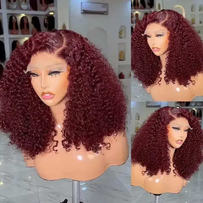 Jerry bouclés court Bob coupe queue de cheval noir 99J rouge bordeaux marron couleur 13X4X1 dentelle avant perruque synthétique pré-épilée sans colle fête