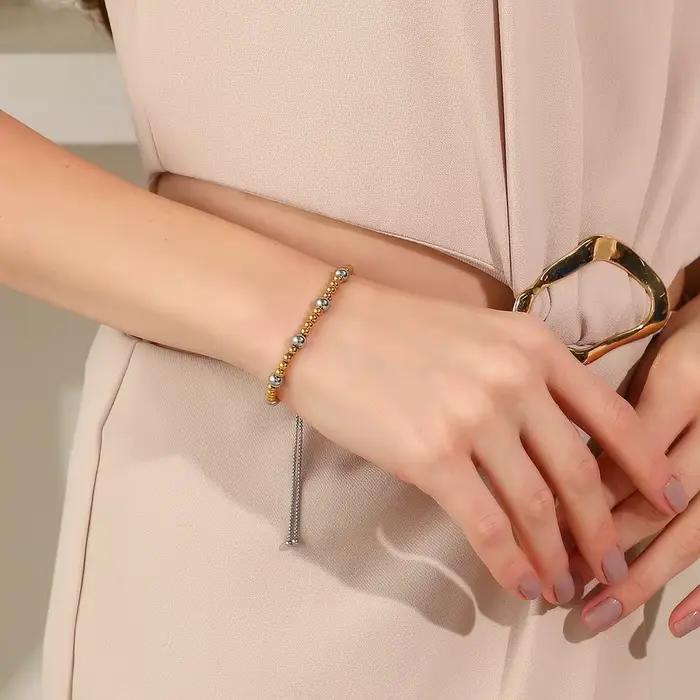 E.B.belle – Bracelet réglable en perles rondes Double couleur, plaqué or 18 carats, en acier inoxydable, bijoux à la mode pour dames et filles, quotidien