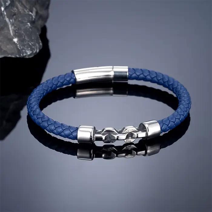 Bracelet en cuir tressé noir/rouge/bleu 6mm pour hommes, fait à la main, chaîne à maillons en acier inoxydable, bijoux Vintage, cadeaux de Couple