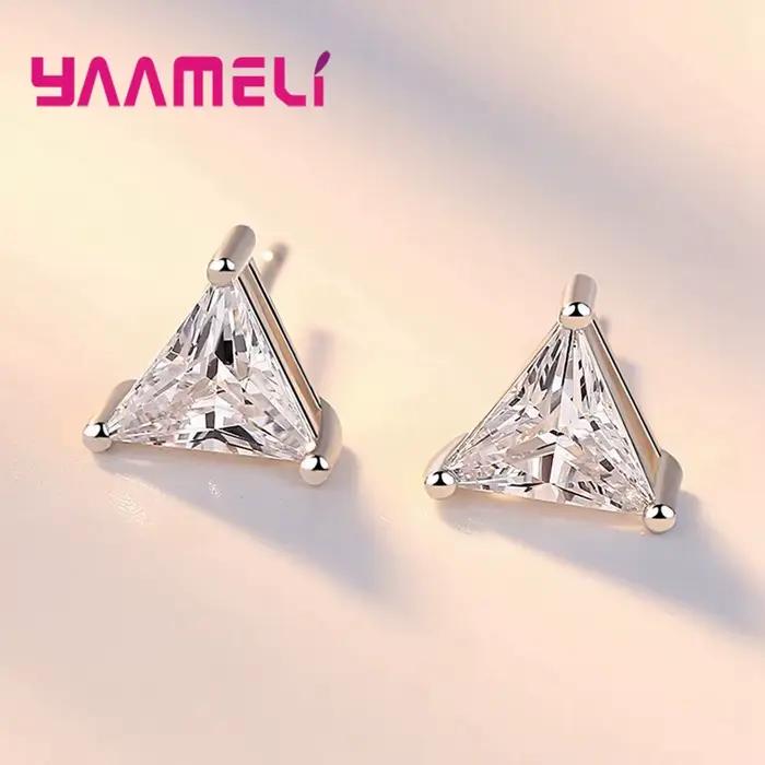 Boucles d'oreilles en argent Sterling 925 pur, Triangle clair, cristal, Zircon cubique, pour femmes et filles, bijoux à la mode pour fête de mariage, cadeaux