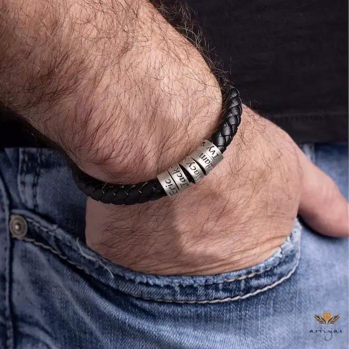 Noms personnalisés perles hommes Bracelet tressé bijoux en cuir faits à la main cadeaux de fête des pères de noël pour lui enfant papa petit ami cadeau
