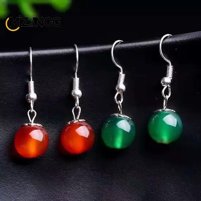 Boucles d'oreilles longues en argent S925 naturel incrusté de calcédoine, perles rondes, clou d'oreille en agate verte vintage, bijoux de charme, cadeau pour dame et mère