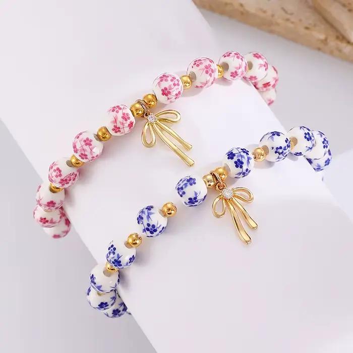 Bracelet en céramique avec nœud fait à la main, bleu et blanc, corde élastique réglable chinoise, pendentif pour fille à la mode, accessoires cadeau
