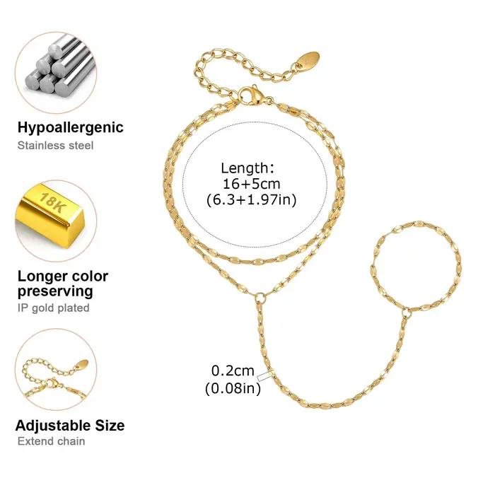 Bracelets de main minimalistes de luxe plaqués or pour femmes, bracelet à chaîne fine avec anneau de doigt, bijoux élégants en acier inoxydable