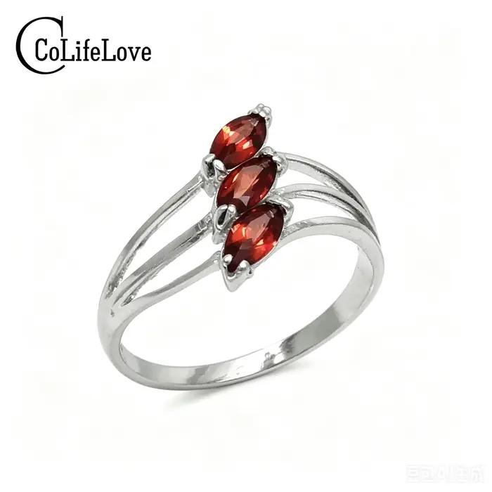 Bague élégante en argent avec pierres précieuses, 3 pièces, 2.5mm x 5mm, bague en grenat naturel avec certificat, bijoux en argent massif 925 avec pierres précieuses en grenat