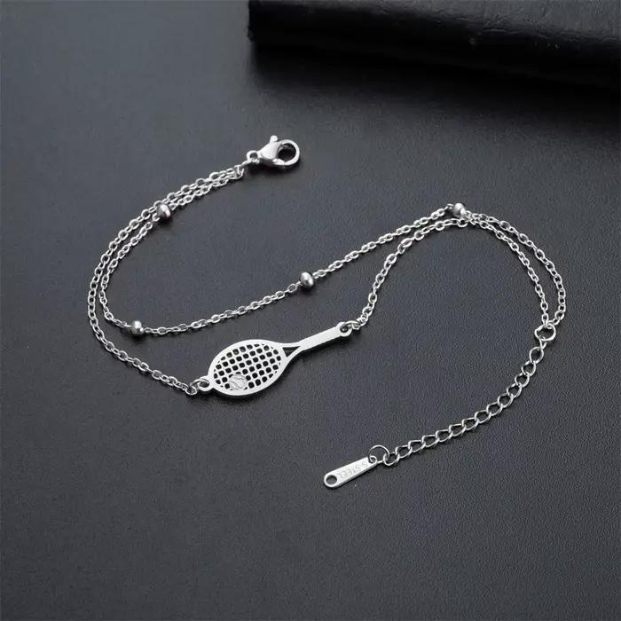 Bracelet de charme raquette de tennis pour femmes et hommes, minimaliste, en acier inoxydable, pour les amateurs de tennis, chaîne à maillons double couche, cordon noir et rouge, bijou de poignet