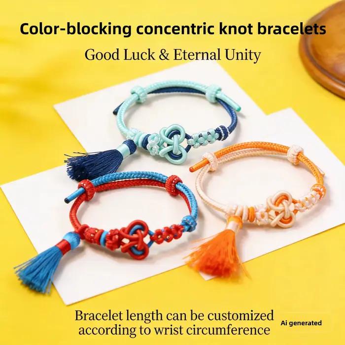 Bracelet tressé fait main style chinois 2026, nœud d'amour réglable avec pompon, motif fleur de pêcher, pour couple, usage quotidien, soirée, cadeau