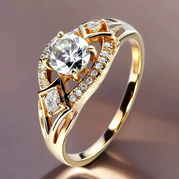 Bague de fiançailles de luxe légère, incrustation de zircon cubique exquis, bague classique plaquée or, bijoux de mariage pour femmes