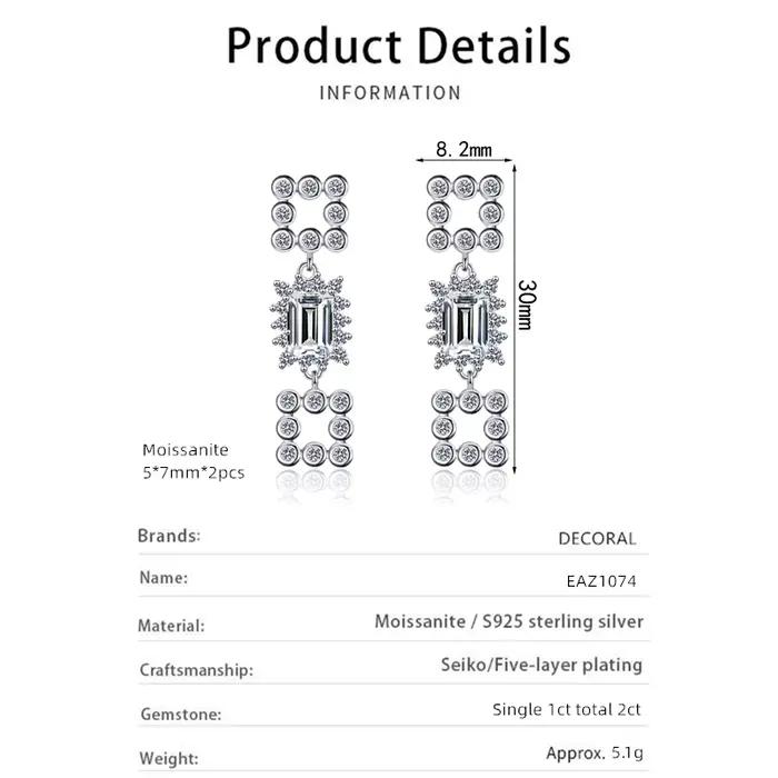 Boucles d'oreilles en argent regardé 925 plaqué or blanc 18 carats pour femme, couleur D véritable, taille émeraude, 1 carat, moisanite, pompon, bijoux de luxe