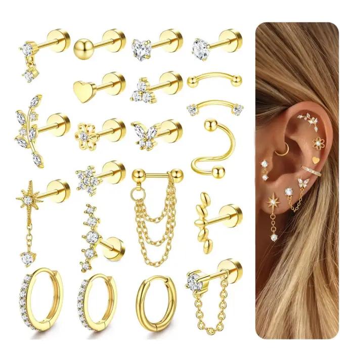 Boucles d'oreilles Bobisty plaquées or 14 carats pour piercing hélix, en acier chirurgical, à dos plat, empilables pour femme, avec chaîne en zircon cubique, clous et créoles