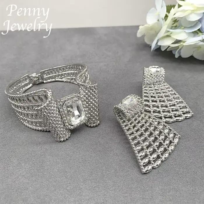 Parure de bijoux originaux en strass pour femme, collier exagéré en zircone, boucles d'oreilles, bracelet, bague, cadeaux pour mariage et fête