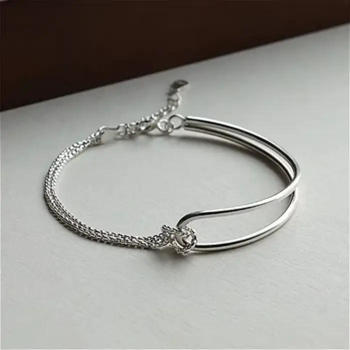 Bracelet double couche en argent sterling 925 pour femmes et filles, élégant, avec nœud irrégulier, design minimaliste, bijoux de fête, cadeaux