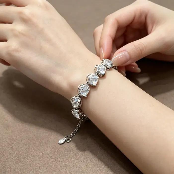 Bracelet chaîne tennis tendance en zircon cœur plaqué or, élégant, pour le quotidien et les fêtes, cadeau pour femme, fille, adolescente