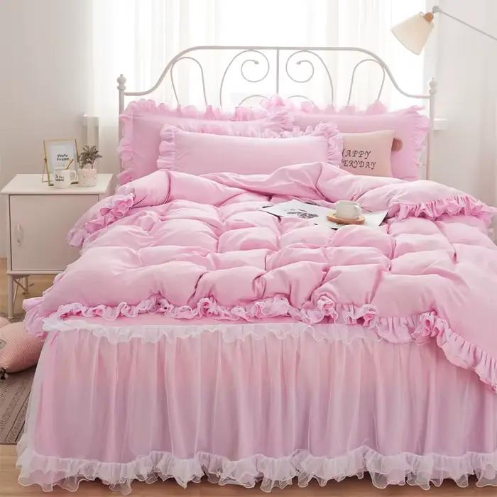 Parure de lit rose avec dentelle pour fille, drap de jupe princesse, couvre-lit pour document solide coréen, taie d'oreiller, décor de chambre à coucher, literie pour couple de mariage