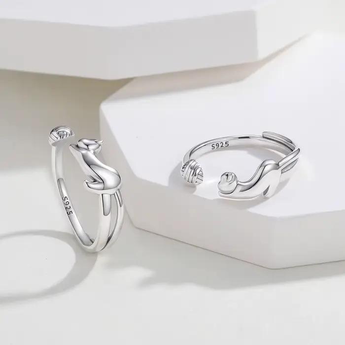Bague ouverte réglable en argent sterling 925, motif chat mignon et pelote de laine, bijou minimaliste pour femme, cadeau pour les amoureuses des animaux