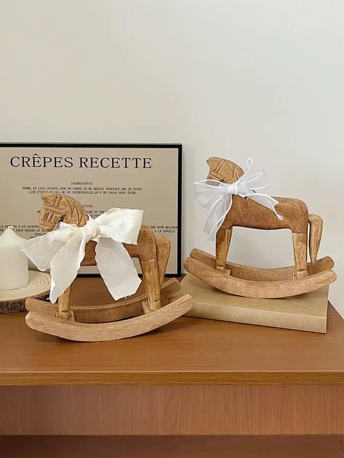Cheval en bois sculpté à la main, cheval créatif avec ruban, série rustique Vintage, Style ambiance rétro, décoration de bureau, cadeau d'ornement