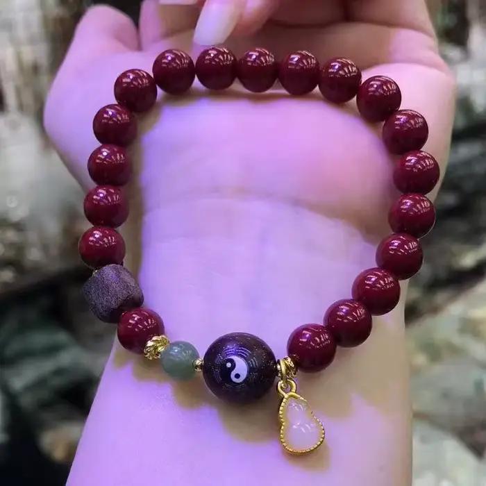 Bracelet ethnique en cinabre avec perles des Neuf Trigrammes Taoïstes et pendentif gourde pour femme, bijou de poignet, cadeau
