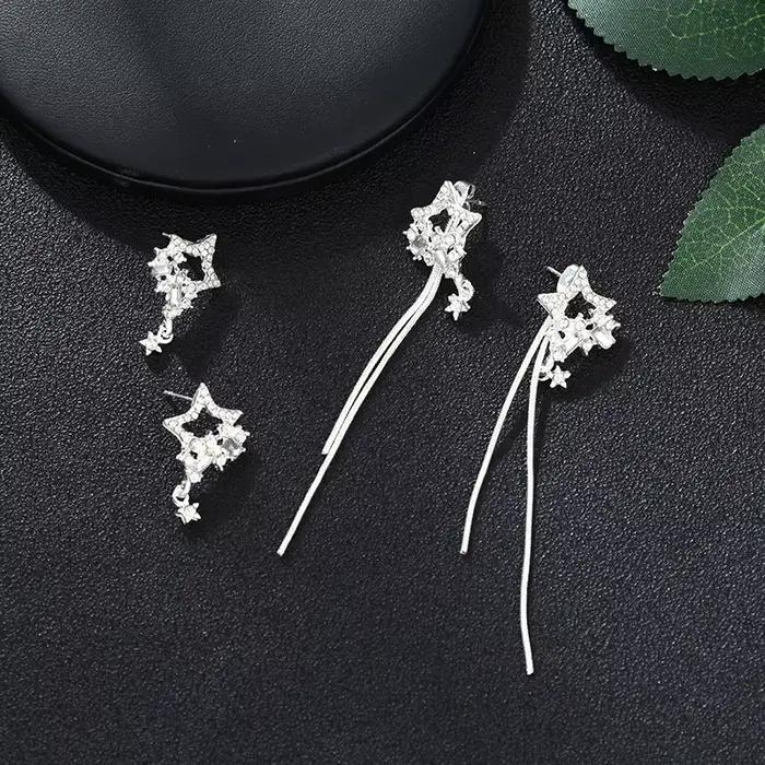 Boucles d'oreilles bohèmes étoilées en argent sterling 925 avec zirconium pour femmes, pendentifs longs pour parties et occasions spéciales