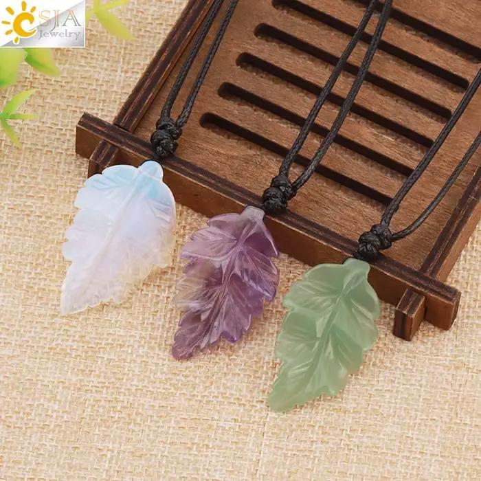 CSJA – collier avec pendentif feuilles en pierre naturelle pour femmes, colliers en cristal sculpté à la main, bijoux pour hommes, cadeau d'halloween H246