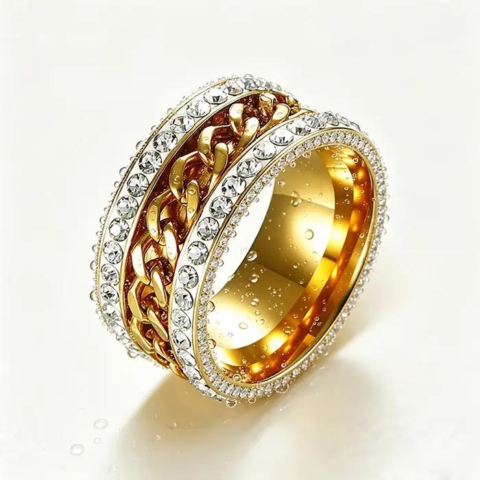 Bague empilable chaîne cubaine vintage avec zircon cubique, bague statement brillante pour hommes et femmes, bijoux de mode hip-hop