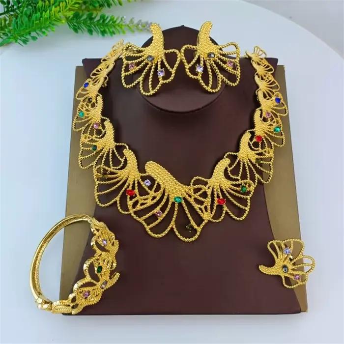 EMMA-Ensemble de bijoux plaqué or de Dubaï pour femme, collier en pierre de comparateur de luxe, bracelet élégant, boucles d'oreilles, cadeau de mariage