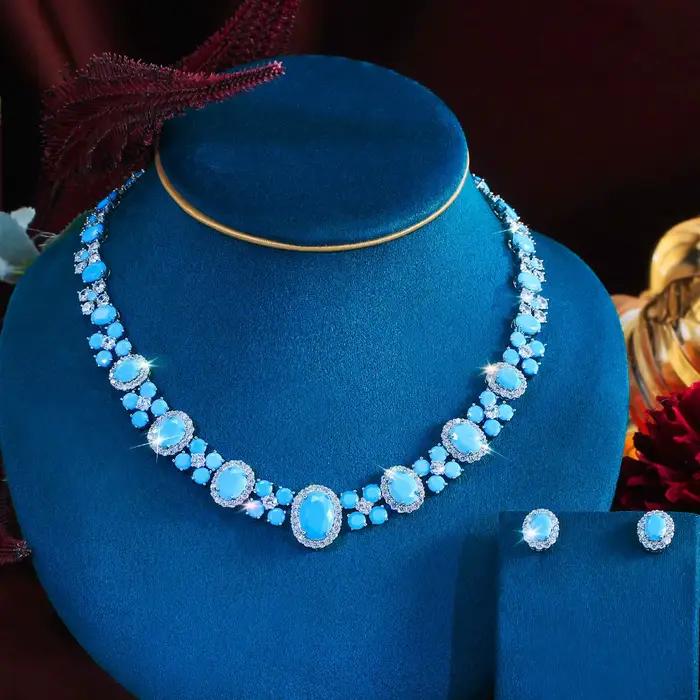 Magnifique collier et boucles d'oreilles de mariée en turquoise ovale bleu clair brillant, ensemble de bijoux de mariage pour les mariées J004