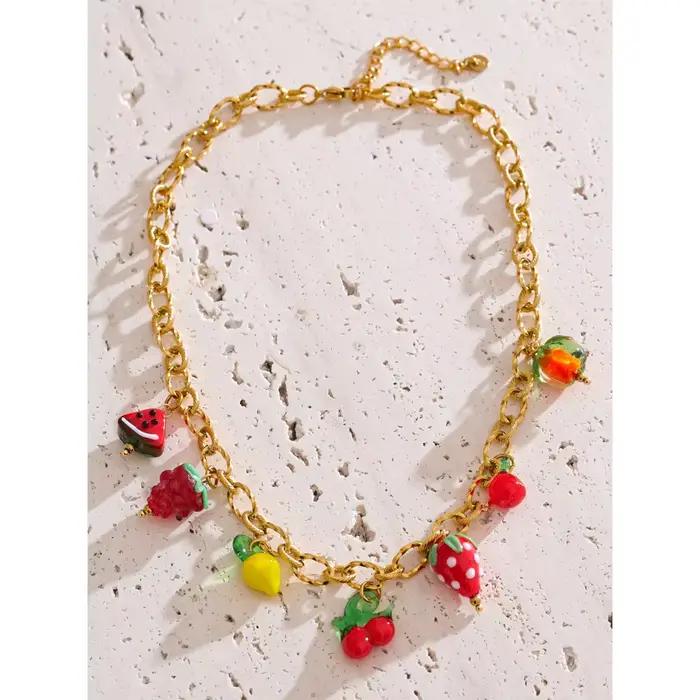 Yhpup Sweet Spring Summer Collier Pendentif Breloque Fruit en Émail Coloré, Acier Inoxydable Couleur Or, Bijoux Tendance