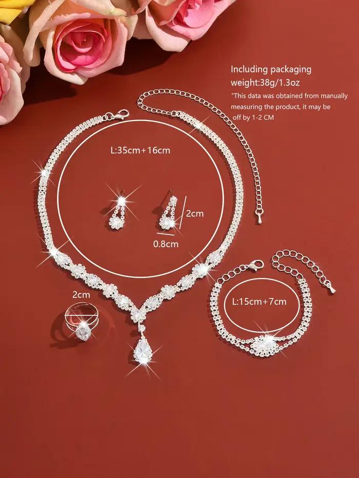Parure de bijoux de mariée élégante en cristal transparent, collier pendentif goutte d'eau, bracelet tennis, boucles d'oreilles et bague pour mariées, cadeau de soirée