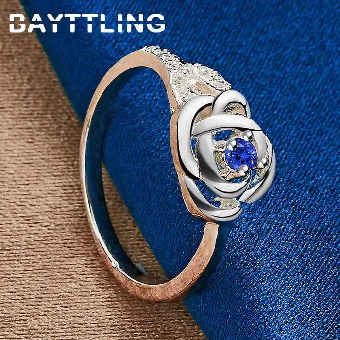 Bague en argent Sterling 925 pour femmes, fleur de Rose, beau charme, Zircon bleu, cadeaux de fiançailles, accessoires bijoux, nouvelle collection