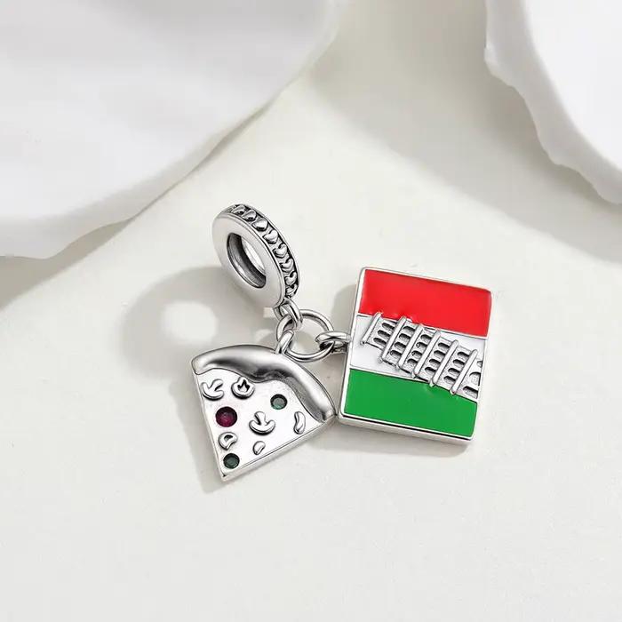 Breloque en argent sterling 925, pendentif drapeau italien pizza, compatible bracelet DIY pour femme, bijoux élégants et tendance, cadeaux de remise de diplôme et de voyage
