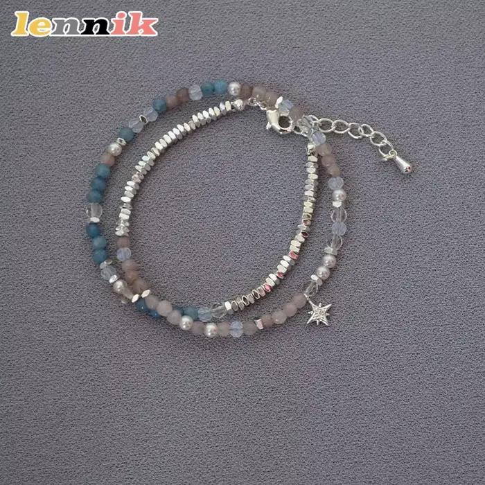 LENNIK – Bracelet en argent Sterling avec perles de pierre blanche, véritable bracelet empilé à Double couche, collier minimaliste et élégant