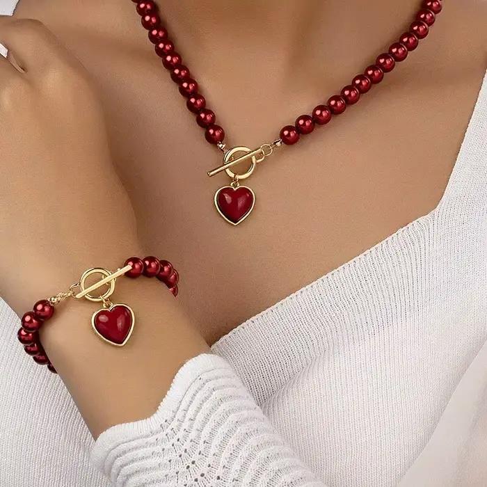 Ensemble de bijoux pour filles, 2 pièces, collier de perles d'imitation, Bracelet, pendentif élégant de couleur perle, perles de couleur naturelle