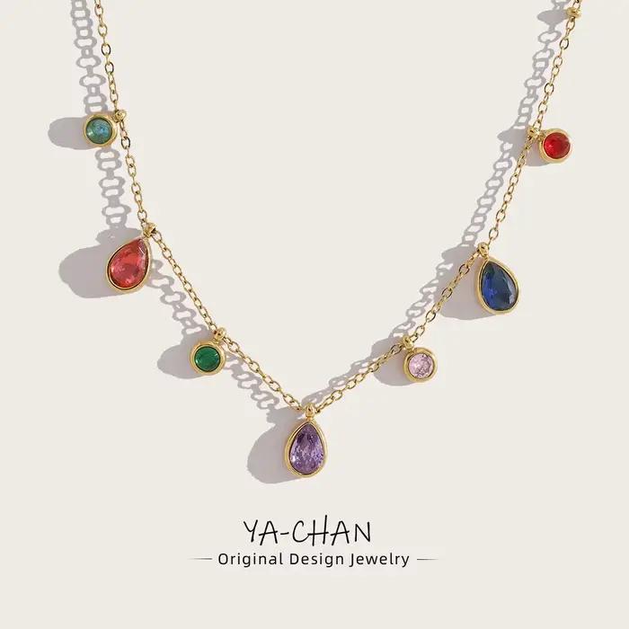 YACHAN Collier en acier inoxydable avec pendentif en cristal de zircon coloré pour femmes, chic, luxueux, vintage, bijou plaqué or 18 carats