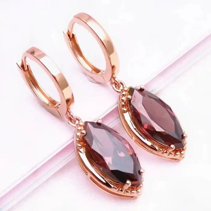 585 violet plaqué or 14K or rose nouvelle forme de Marquise boucles d'oreilles en pierres précieuses roses pour les femmes exquis doux simple bijoux de mode