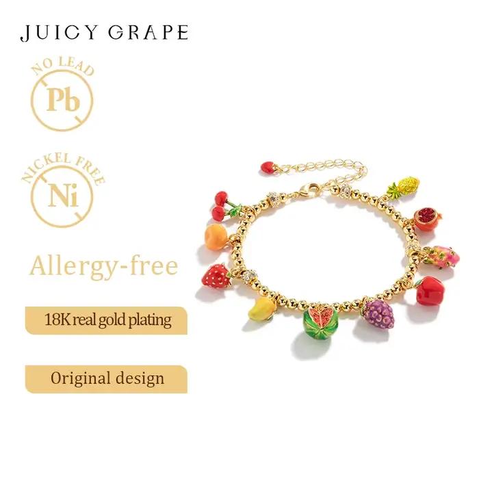 Bracelet plaqué or véritable 18 carats avec fruits émaillés, raisin juteux, Harvey, ananas, neutre d'eau, pomme, raisin, orange, cadeaux