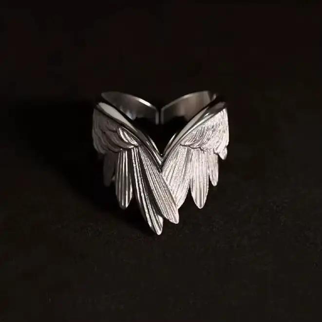 Bague ailes d'ange rétro pour femmes, couleur argent, Punk gothique, anneau ouvert réglable, bijoux unisexe, accessoires cadeaux, vente en gros