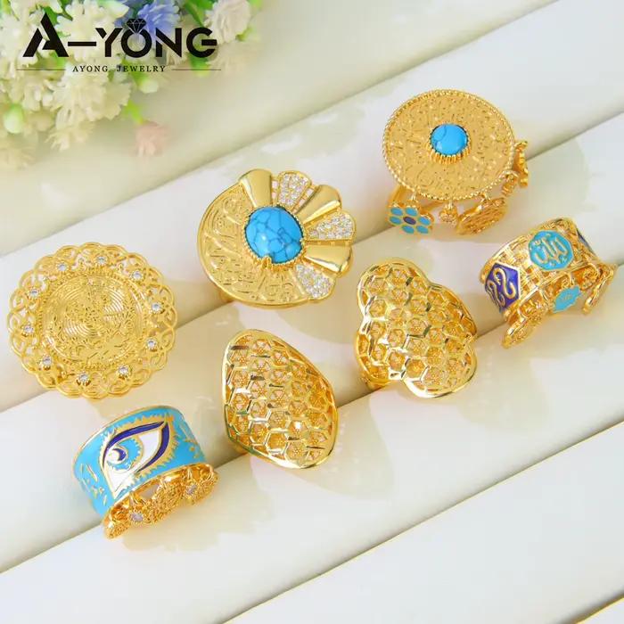 Bague de mariée plaquée or éthiopien, bijoux de mariée plaqués or 21 carats, zircone brésilienne, Turquoise, dubaï, bijoux de fête Vintage pour femmes